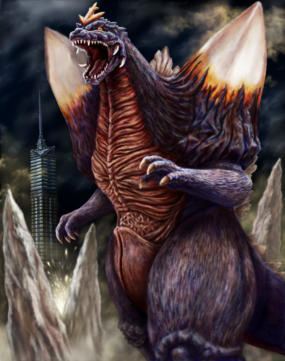 alien cloud cloudy_sky crystal crystal_fortress dinosaur explosion fukuoka_(city) fukuoka_tower giant giant_monster glowing godzilla_(series) godzilla_vs._spacegodzilla japan jarpa kaiju lightning_rod monster night overcast real_world_location roaring sky spacegodzilla sparks toho tower tusks
