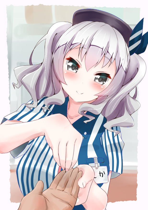 1girl beret black_headwear commentary_request employee_uniform grey_eyes hat holding_hands id_card kantai_collection kashima_(kancolle) kashima_(lawson)_(kancolle) lawson looking_at_viewer shirt sidelocks silver_hair solo_focus store_clerk striped_clothes striped_shirt twintails upper_body vertical-striped_clothes vertical-striped_shirt wavy_hair yokoshima_(euphoria)