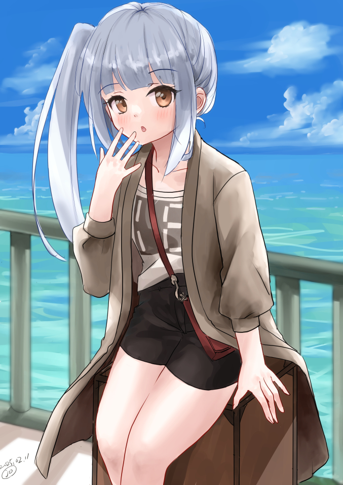 1girl bag black_shorts blue_sky brown_eyes cloud coat day decal feet_out_of_frame grey_coat grey_hair horizon kantai_collection kasumi_(kancolle) kasumi_(kure)_(kancolle) kitagawa_mikio long_hair looking_at_viewer ocean outdoors railing seven-segment_display shirt shorts shoulder_bag side_ponytail sky solo suitcase tote_bag white_shirt
