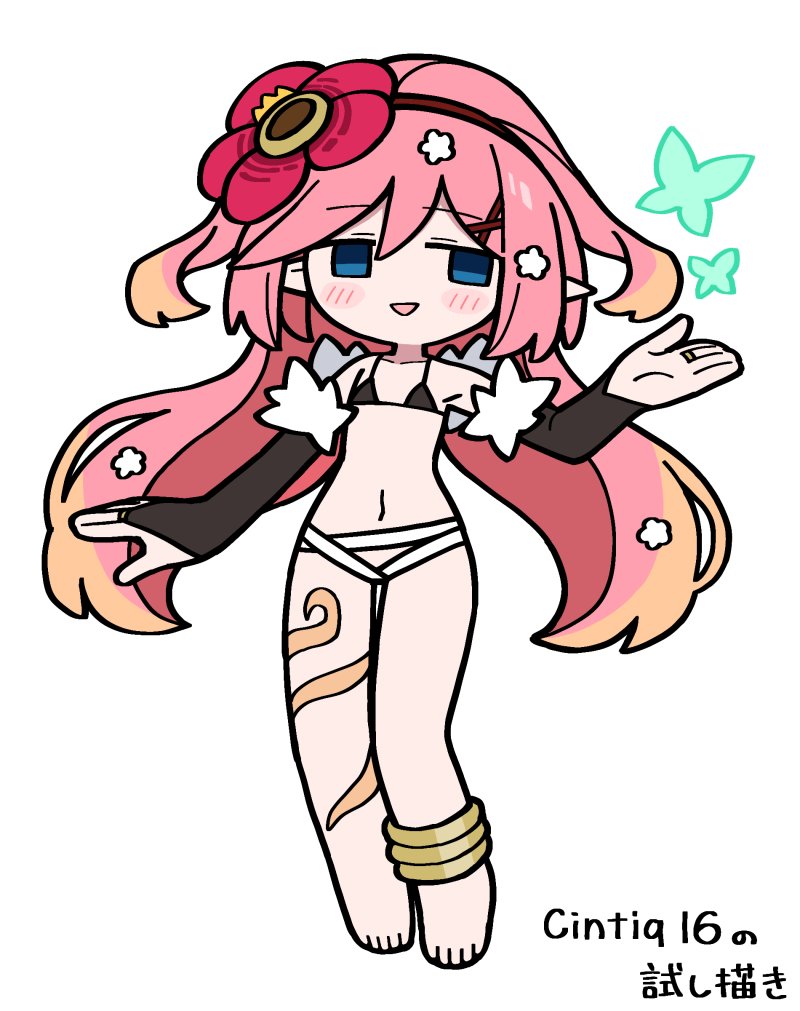 1girl :&gt; animal bare_shoulders barefoot bikini bikini_top_only black_bikini blue_eyes blush_stickers bridal_gauntlets brown_hair bug butterfly chibi collarbone commentary_request duel_monster empty_eyes flower full_body hair_between_eyes hair_flower hair_ornament insect long_hair multicolored_hair navel parted_lips pink_hair pointy_ears rafflesia_(flower) red_flower simple_background solo swimsuit translation_request traptrix_rafflesia triangle_mouth two-tone_hair unadare very_long_hair white_background yu-gi-oh!