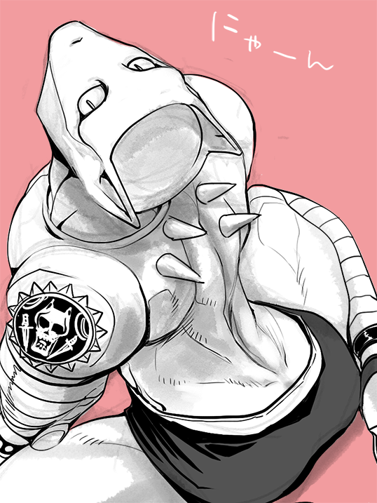 1boy animal_ears ass cat_ears cheekbones diamond_wa_kudakenai from_above jojo_no_kimyou_na_bouken killer_queen male_focus merumeru626 monochrome no_nose sitting slit_pupils solo stand_(jojo) wariza