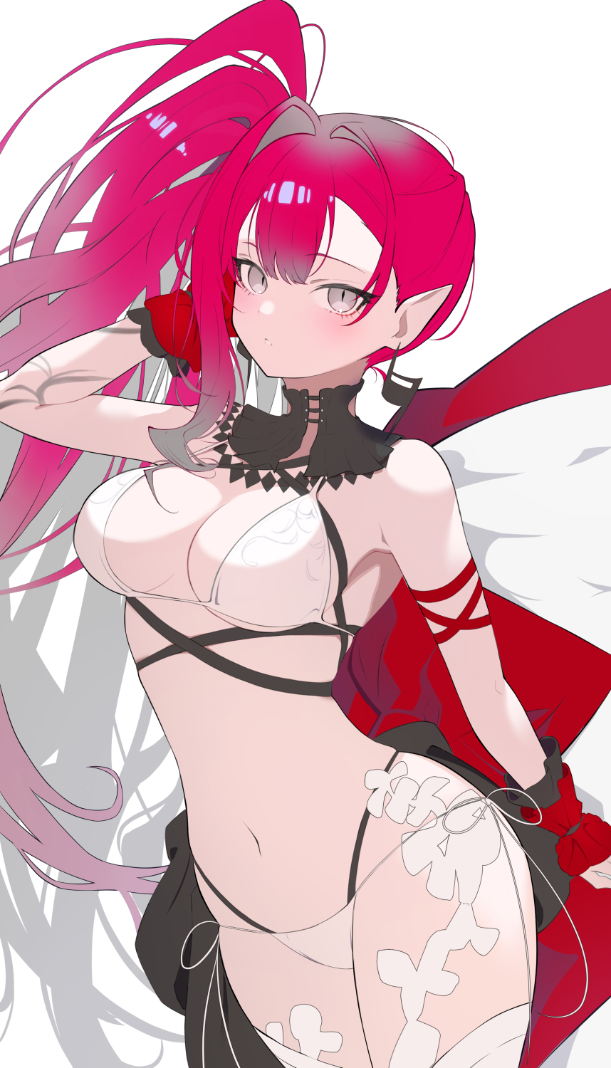 1girl baobhan_sith_(fate) baobhan_sith_(swimsuit_pretender)_(third_ascension)_(fate) bikini blush breasts cleavage detached_collar earrings fate/grand_order fate_(series) grey_eyes hand_up highres jewelry long_hair looking_at_viewer navel pink_hair pointy_ears revision side_ponytail solo swimsuit umi_endu white_background white_bikini wrist_cuffs