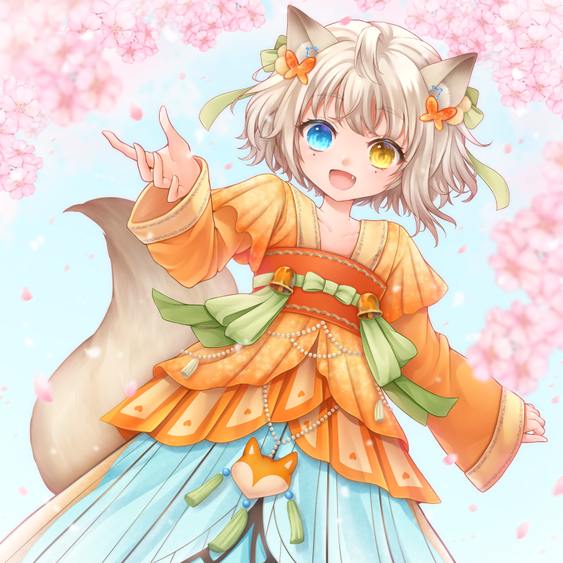 1girl animal_ears bob_cut cherry_blossoms chinese_clothes commission copyright_request cowboy_shot duijin_ruqun fang hanfu happy hatejima_raichi heterochromia layered_sleeves long_sleeves mole mole_under_eye open_mouth orange_hanfu orange_sash skeb_commission smile tail yaopei
