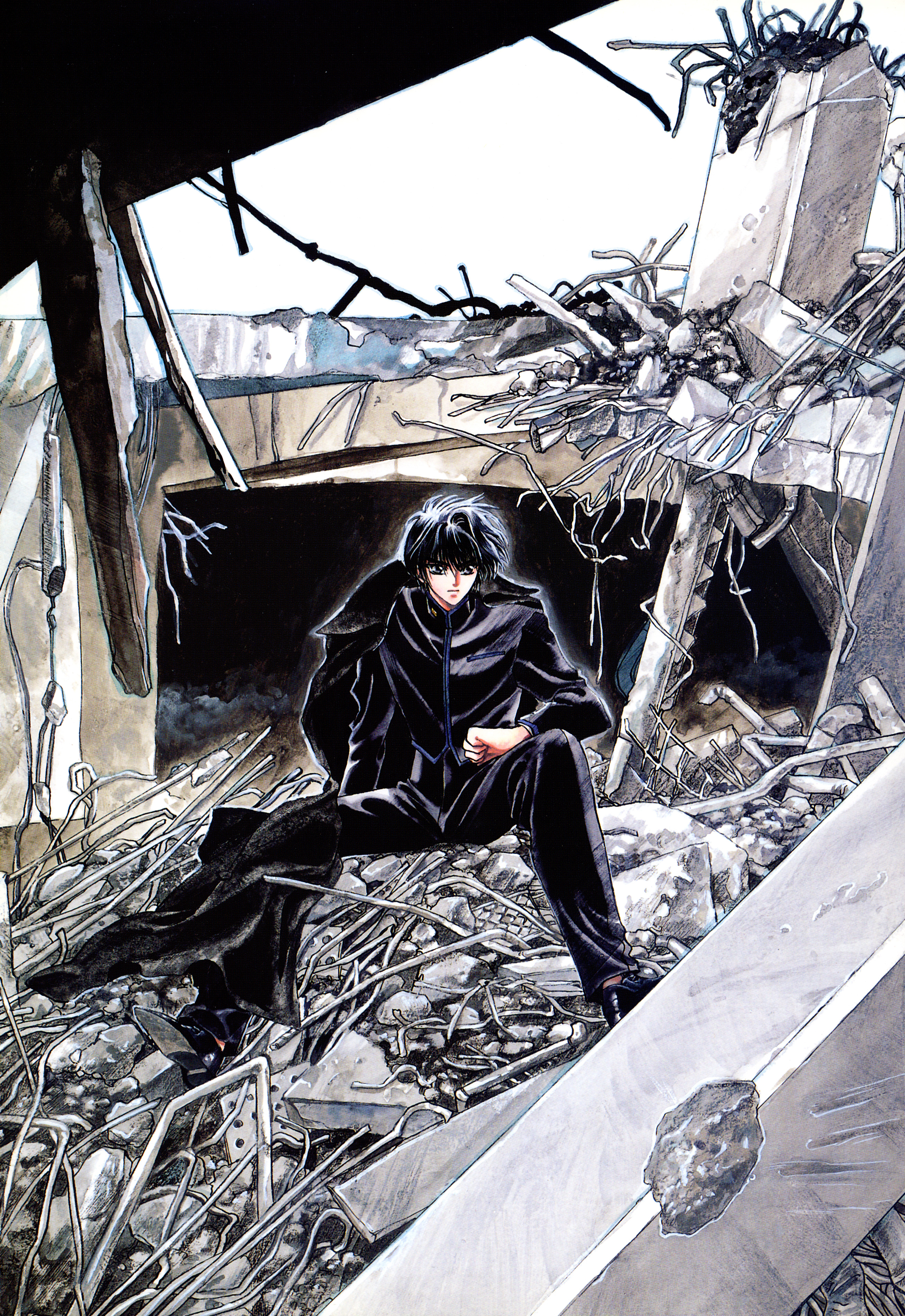 1boy absurdres black_hair blue_eyes clamp closed_mouth collapsed destruction hand_on_leg highres long_sleeves male_focus metal official_art pillar industrial_pipe post-apocalypse rubble ruins serious shirou_kamui sitting solo spread_legs traditional_media x_(manga)