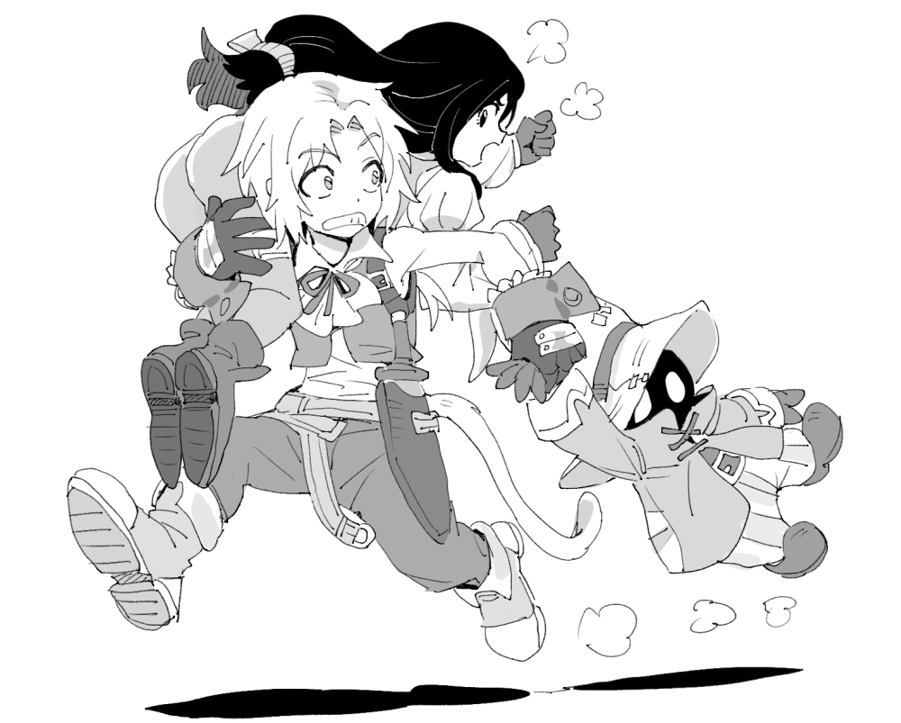 1girl 2boys armored_boots ass baggy_pants bare_shoulders black_hair black_mage_(final_fantasy) bodysuit boots carrying_over_shoulder clenched_hands clenched_teeth coat cropped_vest dede_(qwea_00000) final_fantasy final_fantasy_ix full_body garnet_til_alexandros_xvii gloves glowing glowing_eyes greyscale hat holding_hands juliet_sleeves long_hair long_sleeves looking_back low-tied_long_hair low_ponytail monkey_tail monochrome multiple_boys neck_ribbon pants parted_bangs ponytail puffy_long_sleeves puffy_sleeves ribbon running shirt short_hair_with_long_locks shouting sleeveless sleeveless_shirt striped_clothes striped_pants tail teeth vest vivi_ornitier white_background white_shirt wizard_hat wrist_cuffs zidane_tribal