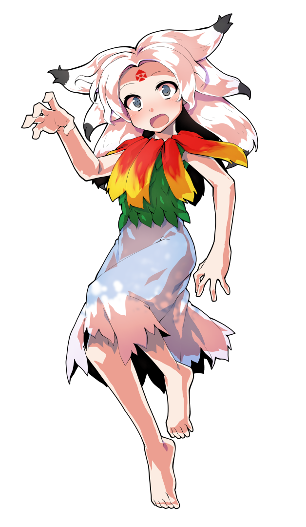 1girl alphes_(style) barefoot blue_dress blush commentary_request dairi dress facial_mark forehead_mark full_body green_shirt grey_eyes hand_up houjuu_chimi large_variant_set long_hair looking_at_viewer open_mouth parody shirt sleeveless sleeveless_shirt solo standing style_parody surprised tachi-e touhou transparent_background variant_set white_hair