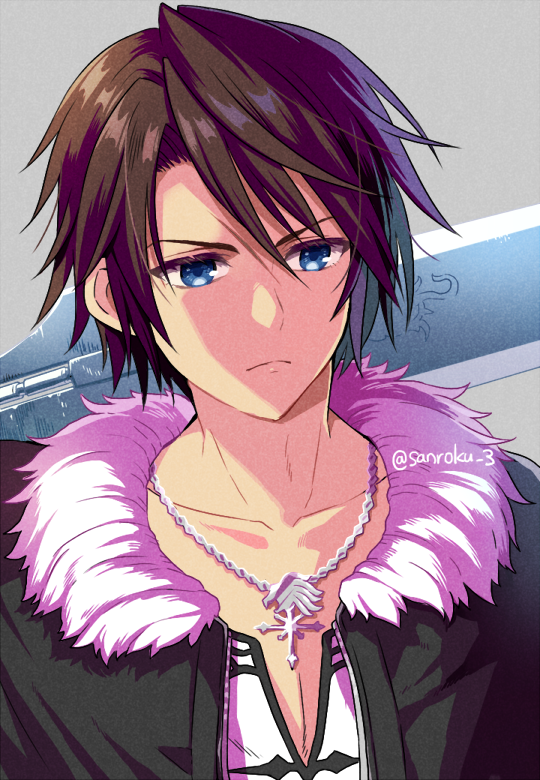 1boy black_jacket blue_eyes brown_hair chain chain_necklace closed_mouth final_fantasy final_fantasy_viii fur-trimmed_jacket fur_trim grey_background gunblade jacket jewelry male_focus necklace parted_bangs portrait sanroku_3 scar scar_on_face scar_on_forehead shirt short_hair solo squall_leonhart twitter_username upper_body weapon weapon_on_back white_shirt