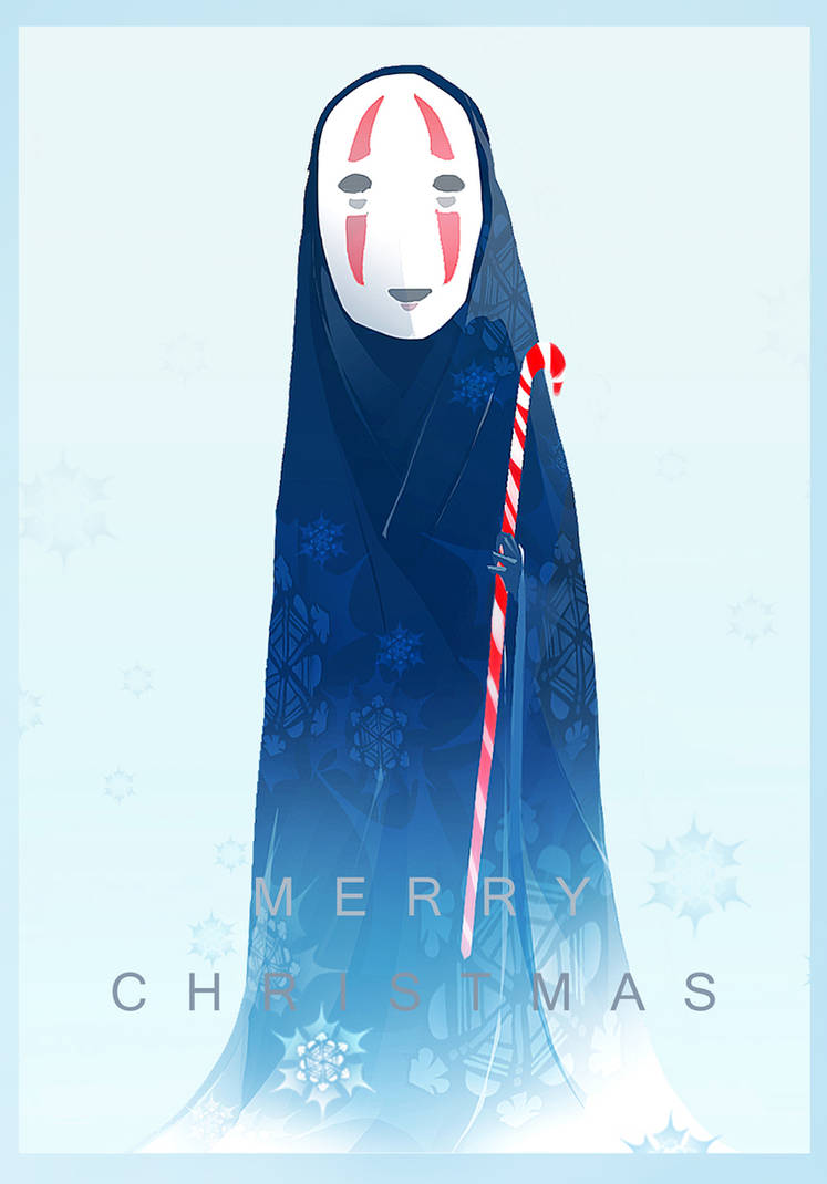 blue_border border candy candy_cane commentary english_commentary food gokupo101 holding holding_candy holding_candy_cane holding_food kaonashi blue_background looking_at_viewer mask merry_christmas no_humans non-web_source sen_to_chihiro_no_kamikakushi smile snowflakes