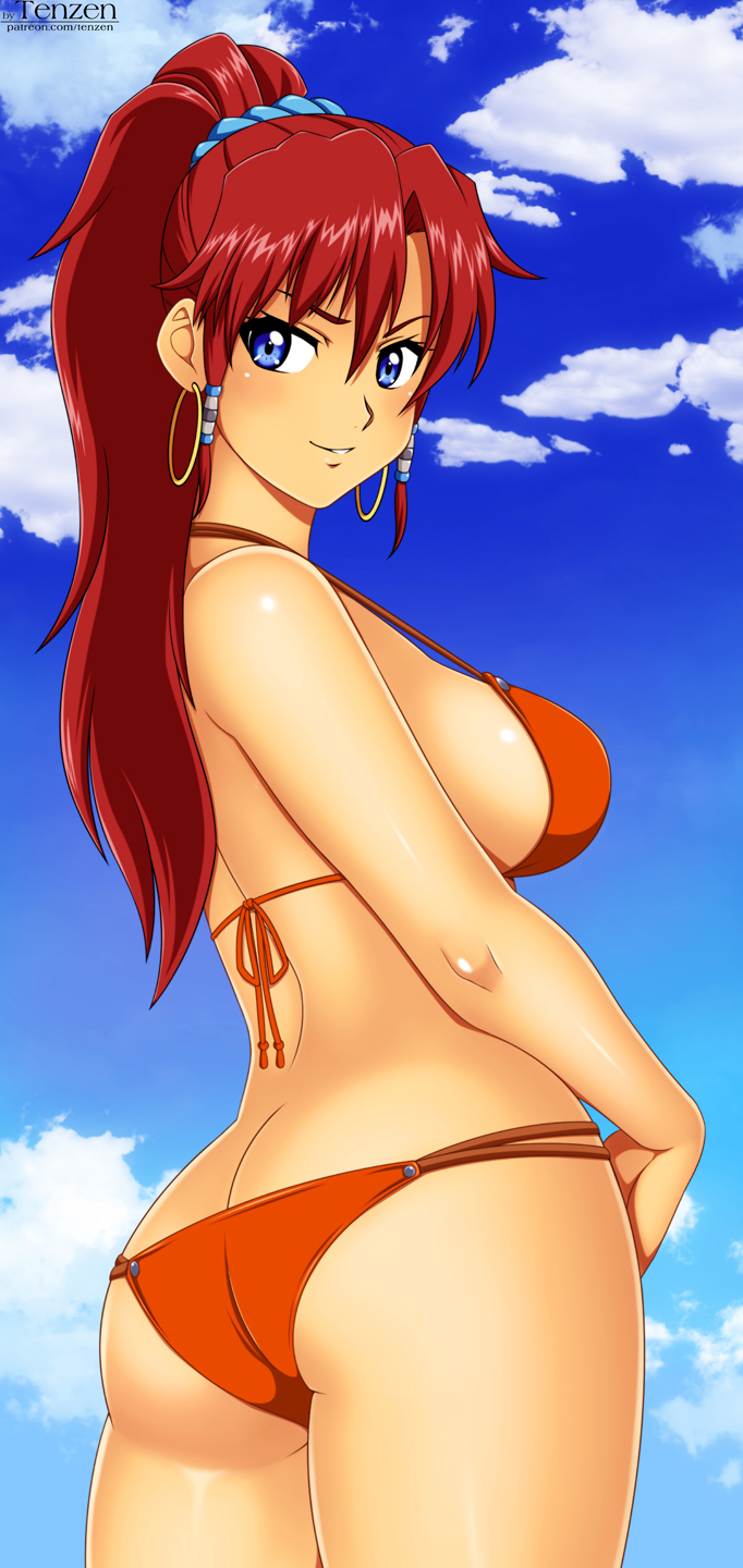 1girl ass bellows_(suisei_no_gargantia) bikini blue_eyes blue_sky breasts cleavage highres large_breasts long_hair looking_back orange_bikini ponytail seductive_smile sideboob sky smile solo suisei_no_gargantia swimsuit tenzen thighs
