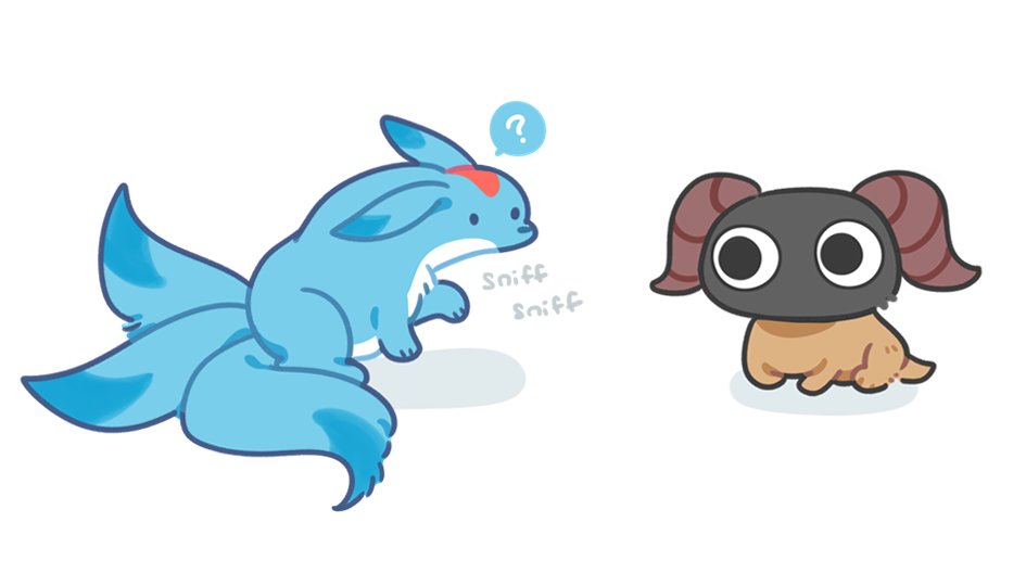 ? carbuncle_(final_fantasy) chibi fenrishion final_fantasy final_fantasy_xiv multiple_tails no_humans simple_background smelling spoken_question_mark tail white_background yan_(final_fantasy)