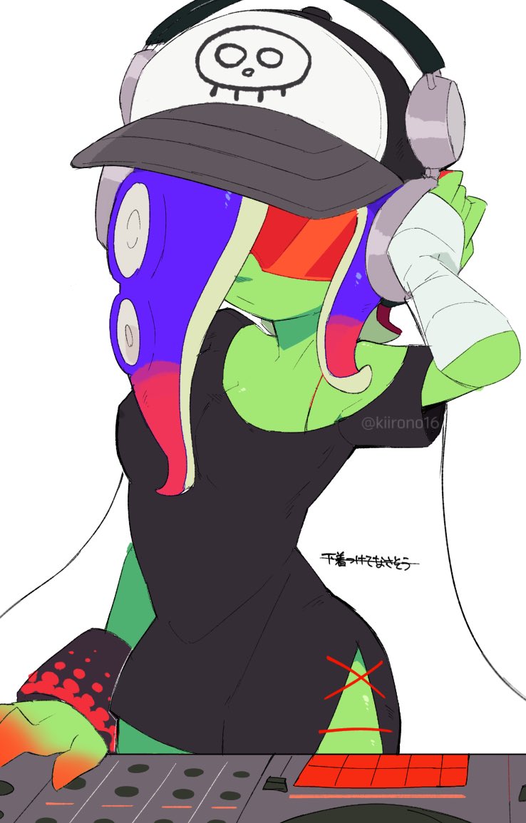 1girl bandaged_arm bandages baseball_cap bra_strap colored_skin dedf1sh dj gradient_skin green_skin hand_on_headphones hat headphones_over_headwear kiirono mixing_console multicolored_hair nintendo octoling phonograph print_headwear red-tinted_eyewear sanitized_(splatoon) single_bracelet splatoon_(series) splatoon_3 splatoon_3:_side_order sunglasses tentacle_hair tinted_eyewear turntable two-tone_hair two-tone_headwear