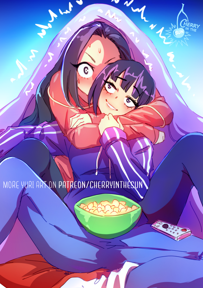 2girls black_eyes black_hair blue_jacket blue_pants boku_no_hero_academia cherry_in_the_sun controller food hug hug_from_behind jacket jiro_kyoka long_hair multiple_girls pants popcorn red_jacket remote_control scared short_hair track_jacket yaoyorozu_momo yuri
