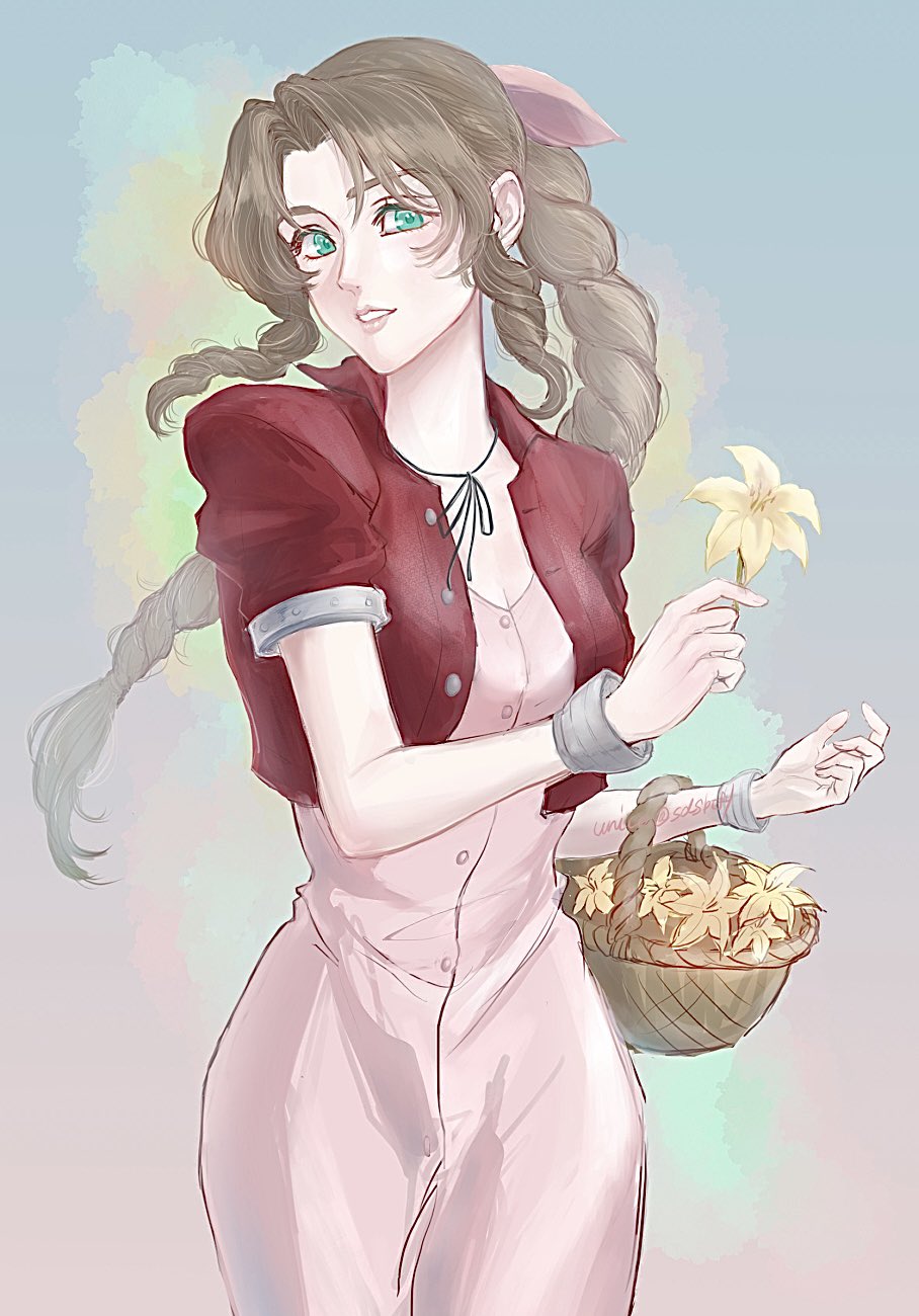 1girl aerith_gainsborough basket braid braided_ponytail breasts brown_hair buttons choker cleavage cowboy_shot cropped_jacket dress final_fantasy final_fantasy_vii flower flower_basket green_eyes hair_ribbon highres holding holding_basket holding_flower jacket light_smile lily_(flower) long_dress long_hair looking_at_viewer medium_breasts parted_bangs parted_lips pink_dress pink_ribbon puffy_short_sleeves puffy_sleeves red_jacket ribbon ribbon_choker sdsbtfl short_sleeves sidelocks single_braid solo twitter_username yellow_flower