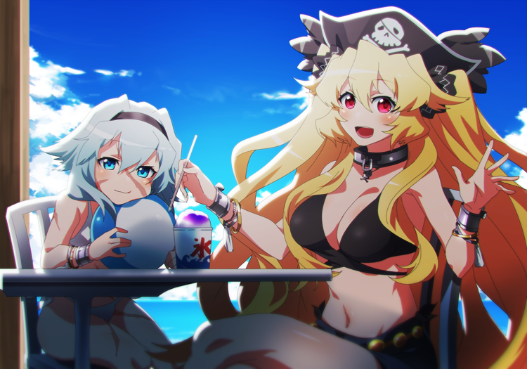 2girls anne_bonny_(fate) anne_bonny_(swimsuit_archer)_(first_ascension)_(fate) ball beachball bikini black_headwear blonde_hair breasts fate/grand_order fate_(series) female_focus food headwear_request jolly_roger large_breasts looking_at_viewer mary_read_(fate) mary_read_(swimsuit_archer)_(first_ascension)_(fate) multiple_girls ocean pirate scar scar_on_face shaved_ice short_hair skull_collar small_breasts swimsuit tukno white_bikini white_hair