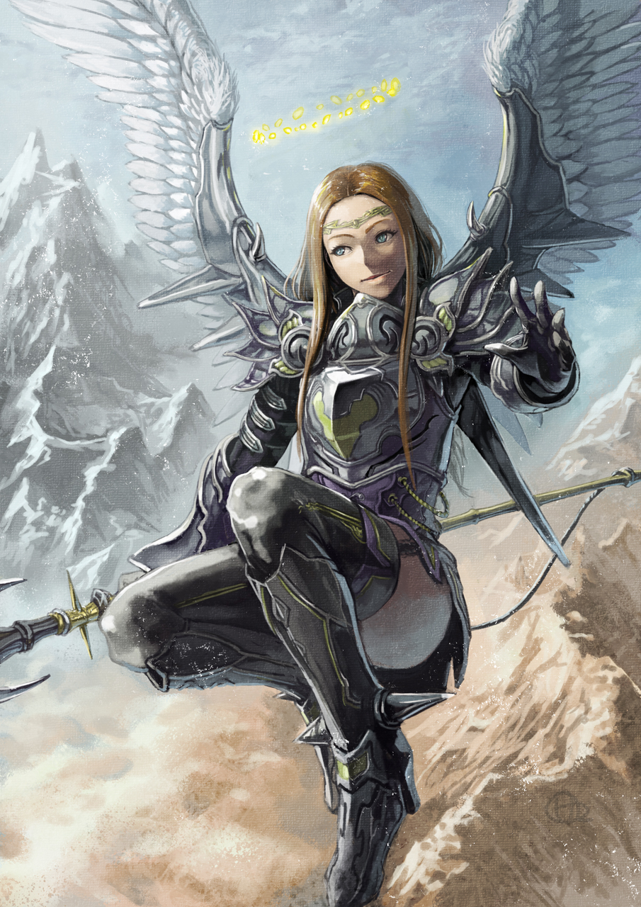 1girl angel armor blonde_hair blue_eyes boots circlet cloud day female_focus gorget halo higashiyama_hayato highres long_hair looking_to_the_side original outstretched_arm pauldrons polearm shoulder_armor sky snow solo spear thighhighs weapon wing_armor wings