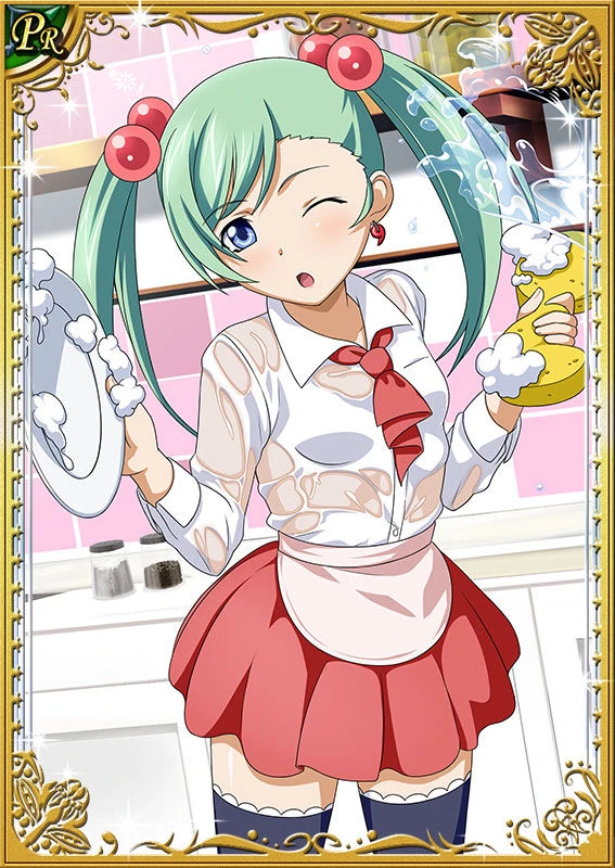 1girl blue_eyes card_(medium) dot_nose feet_out_of_frame female_focus grey_hair hair_bobbles hair_ornament holding holding_plate holding_sponge ikkitousen indoors kitchen long_hair long_sleeves looking_at_viewer magatama one_eye_closed open_mouth pepper_shaker plate salt_shaker shiny_skin shirt shokatsuryou_koumei skirt soap sponge standing swept_bangs thighhighs wet white_shirt
