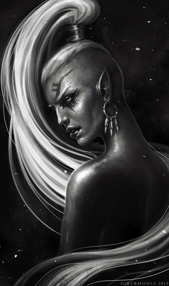 1girl 2019 artist_name commentary earrings english_commentary eyeliner facial_mark facial_tattoo greyscale high_ponytail jewelry long_hair looking_at_viewer looking_back makeup monochrome nude pointy_ears ponytail solo tattoo topless_female veronica_anrathi very_long_hair warhammer_40k white_hair yvraine