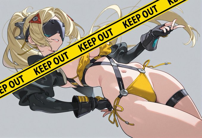 bare_legs bikini bikini_top_aside black_choker blonde_hair breasts caution_tape choker convenient_censoring detached_sleeves eye_mask fingerless_gloves gloves kawaaniiiii keep_out narrow_waist navel non-web_source side-tie_bikini_bottom simple_background smile swimsuit thigh_strap trigger_(zenless_zone_zero) wide_hips zenless_zone_zero