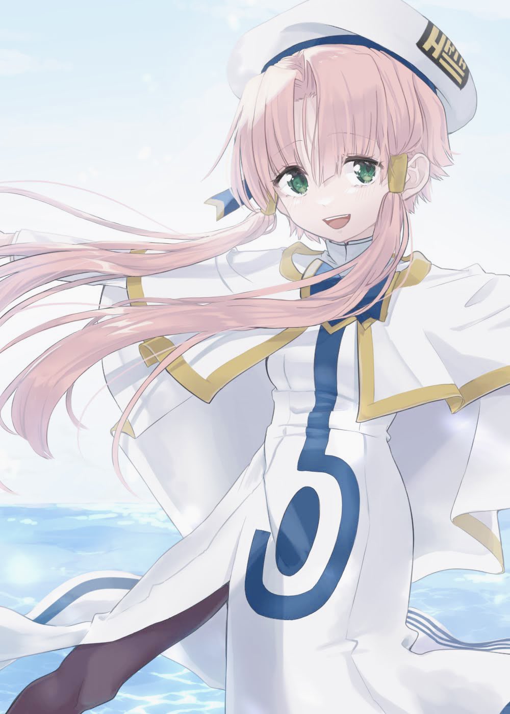 1girl aogirism aria_(manga) aria_company_uniform beret blue_bow blue_bowtie blue_ribbon blue_sky bow bowtie breasts capelet cloud cloudy_sky day dress eyelashes feet_out_of_frame floating_hair gold_trim hair_tubes hat hat_ribbon highres looking_at_viewer mizunashi_akari ocean open_mouth outdoors pantyhose print_dress purple_pantyhose ribbon short_hair_with_long_locks side_slit sky small_breasts solo standing standing_on_one_leg teeth upper_teeth_only white_capelet white_dress white_hat