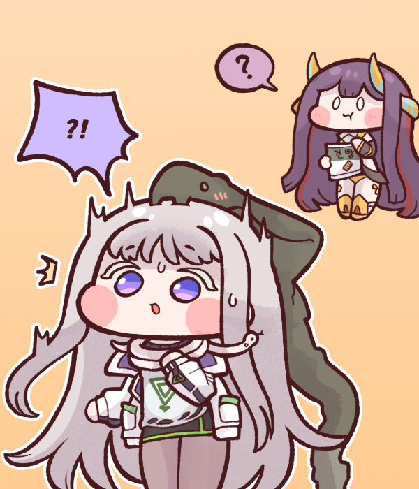!? 2girls ? blush_stickers bulga cheona_(last_origin) chibi colored_eyelashes echidna_(last_origin) last_origin multiple_girls purple_eyes silver_hair simple_background snake surprised yellow_background