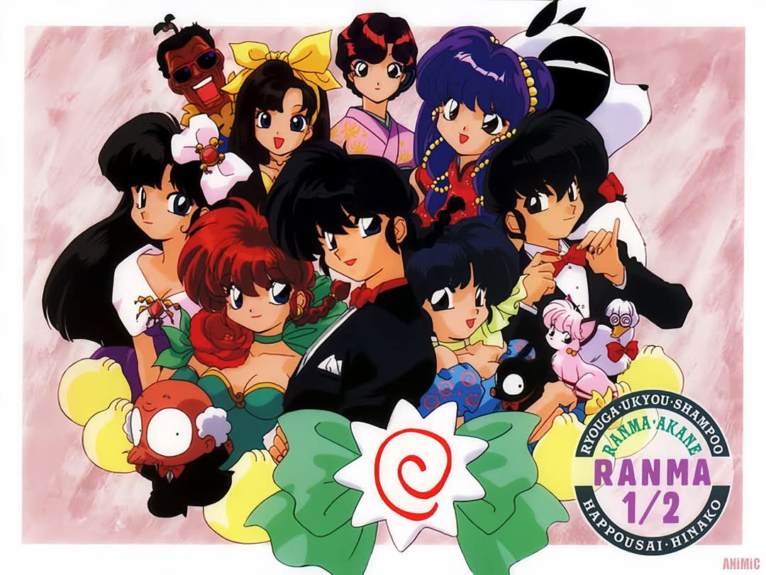 blue_hair happosai hibiki_ryouga kuonji_ukyou mousse_(duck)_(ranma_1/2) official_art p-chan panda pig ranma-chan ranma_1/2 saotome_ranma shampoo_(ranma_1/2) smile tendou_akane