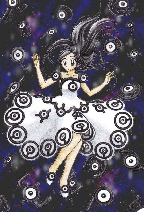 1girl black_eyes black_hair black_theme chikorita85 creature_and_personification dress floating gen_2_pokemon looking_away moemon nintendo objectification personification pokemon pokemon_(creature) shoes traditional_media universe unown unown_a unown_b unown_d unown_f unown_g unown_h unown_i unown_j unown_k unown_n unown_o unown_p unown_q unown_r unown_s unown_u unown_w unown_x unown_z white_dress