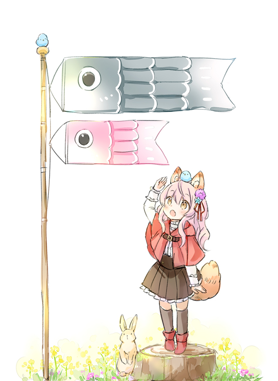1girl :o animal animal_ear_fluff animal_ears animal_on_head arm_up bird blue_flower blush boots brown_eyes brown_skirt capelet commentary_request fang flower grey_thighhighs hair_between_eyes hair_flower hair_ornament hood hood_down hooded_capelet koinobori long_hair on_head open_mouth original pink_flower pink_hair pleated_skirt purple_flower rabbit red_boots red_capelet shirt skirt solo standing tail thighhighs thighhighs_under_boots tree_stump wataame27 white_background white_shirt windsock wolf-chan_(wataame27) wolf_ears wolf_girl wolf_tail yellow_flower