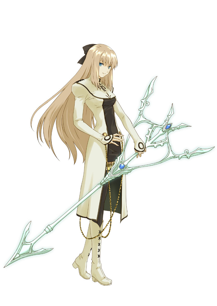 1girl black_pantyhose blue_eyes boots bow cyrille_(shining_force_exa) dress female_focus full_body hair_bow holding holding_weapon knee_boots long_hair official_art pantyhose project_x_zone sega shining_(series) shining_force_exa solo sword weapon white_dress