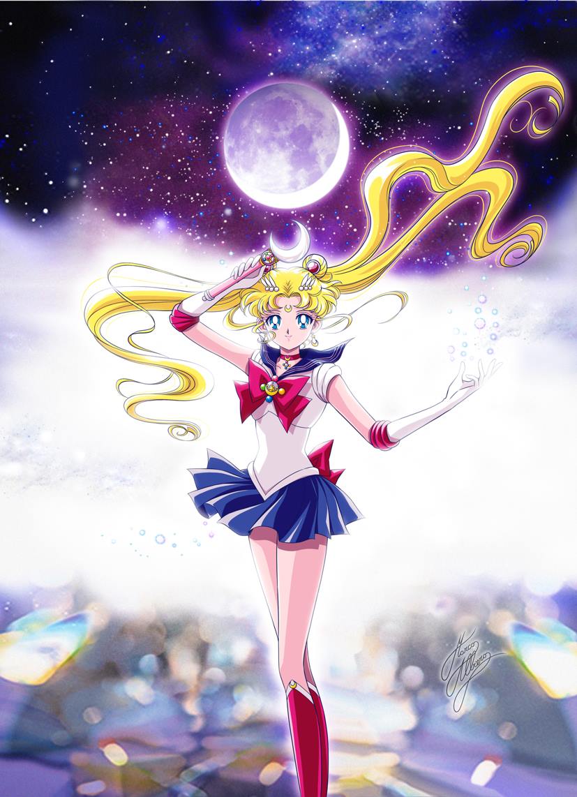 10s 1girl anime_coloring artist_name bishoujo_senshi_sailor_moon bishoujo_senshi_sailor_moon_(first_season) bishoujo_senshi_sailor_moon_crystal blonde_hair blue_eyes blue_sailor_collar blue_skirt boots bow brooch choker crescent crescent_facial_mark crescent_moon derivative_work double_bun earrings elbow_gloves facial_mark female_focus floating_hair forehead_mark full_moon gloves hair_bun hair_ornament hairclip jewelry jpeg_artifacts knee_boots long_hair marco_albiero moon moon_stick official_style parted_bangs pleated_skirt red_boots red_bow sailor_collar sailor_moon signature skirt solo star_(sky) tsukino_usagi very_long_hair white_gloves wind