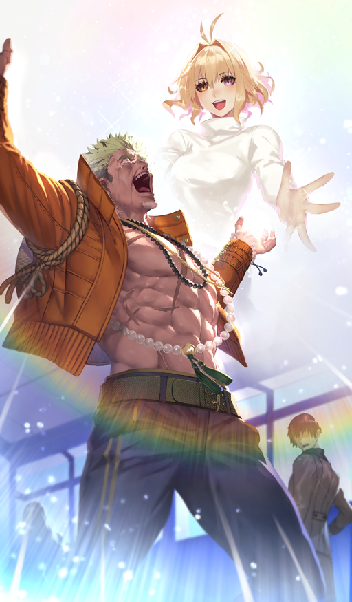 1girl 1other 2boys :d abs ambiguous_gender antenna_hair arcueid_brunestud arcueid_brunestud_(berserker) arms_up bead_bracelet bead_necklace beads belt black_pants blonde_hair bracelet breasts commentary crying crying_with_eyes_open faceless faceless_male facial_hair fate/extra fate/grand_order fate_(series) floating_hair gatou_monji goatee green_belt green_hair hair_between_eyes hair_intakes heterochromia jacket jewelry legs_apart lens_flare long_sleeves looking_at_viewer looking_up male_focus medium_hair mismatched_facial_hair multiple_boys muscular muscular_male necklace no_nipples no_shirt official_art open_clothes open_jacket open_mouth orange_eyes orange_jacket outstretched_arms pants pectorals peperon_(peperou) purple_eyes scar scar_on_chest short_hair short_sideburns shouting smile solo_focus sparkle sparkle_background spiked_hair sweater tears teeth third-party_source tongue tsukumihara_academy_uniform_(fate/extra) turtleneck turtleneck_sweater undercut upper_teeth_only white_facial_hair white_sweater yellow_eyes