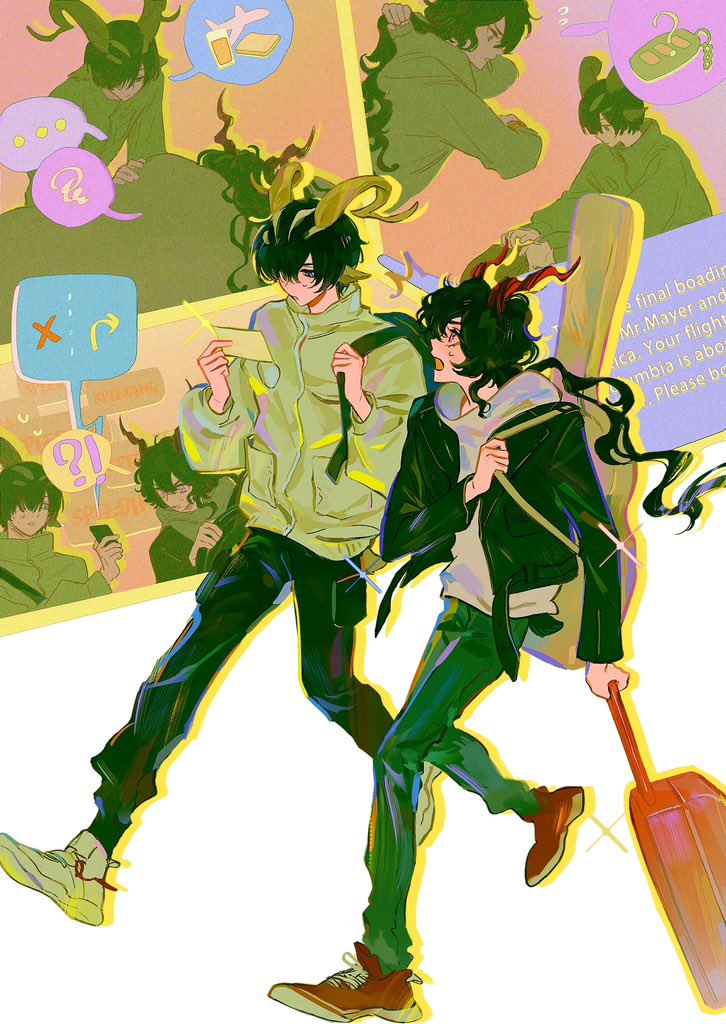 2boys aircraft airplane arknights bed black_hair black_jacket black_pants car_keys card commentary ebenholz_(arknights) food full_body green_pants guitar_case holding holding_card holding_phone instrument_case jacket lessing_(arknights) long_hair looking_at_another male_focus multiple_boys n2189364210575 pants phone ponytail red_footwear rolling_suitcase running sandwich shirt shoes short_hair sleeping sneakers speech_bubble suitcase symbol-only_commentary upper_body wavy_hair white_footwear white_jacket white_shirt