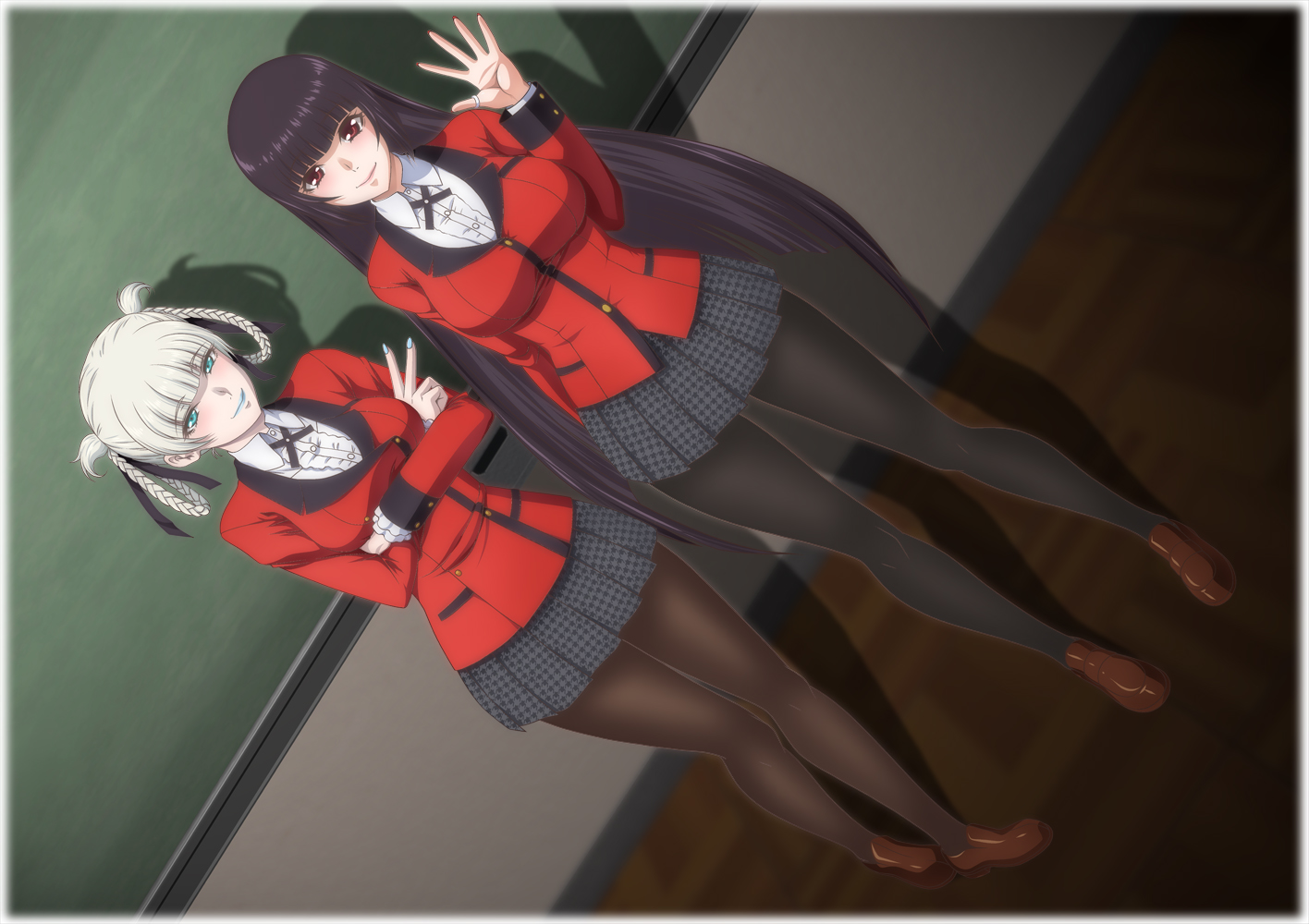 2girls aqua_eyes black_hair breasts chalkboard classroom full_body indoors jabami_yumeko kakegurui kaname_aomame large_breasts long_hair looking_at_viewer medium_breasts momobami_kirari multiple_girls pleated_skirt school_uniform skirt smile standing