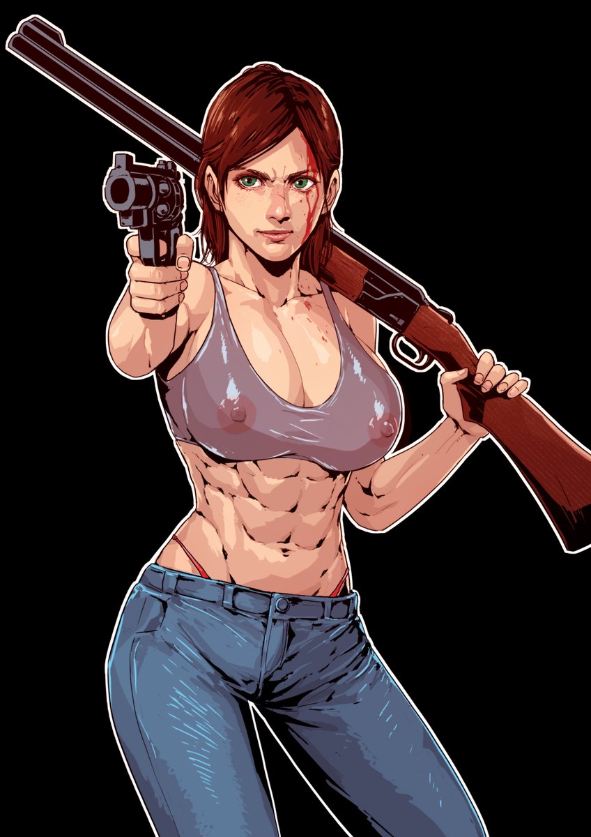 1girl abs aged_up alternate_breast_size black_background blood blood_on_face blue_pants breasts brown_hair cirenk cleavage collarbone commentary commission covered_erect_nipples denim dual_wielding ellie_(the_last_of_us) english_commentary finger_on_trigger fingernails green_eyes grey_sports_bra gun handgun highleg highleg_panties highres holding holding_gun holding_weapon injury jeans large_breasts lips medium_hair midriff navel nipples no_shirt nose outline over_shoulder panties pants pistol red_panties revolver second-party_source see-through_clothes see-through_sports_bra solo sports_bra the_last_of_us the_last_of_us_(series) the_last_of_us_2 underwear weapon weapon_over_shoulder white_outline