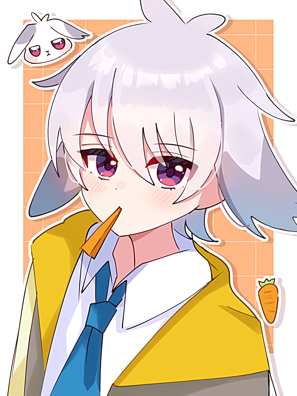 1boy blue_necktie blush carrot daifuku_(precure) dress_shirt gradient_hair grey_hair highres jacket medium_hair multicolored_hair multicolored_jacket necktie open_clothes open_jacket precure rabbit red_eyes shiroiro_obake shirt solo toyama_daifuku white_shirt wonderful_precure!