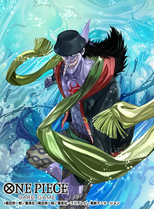 1boy abs arlong black_hair blue_skin chest_tattoo colored_skin commentary_request copyright_name evil_smile green_scarf hat ichimaru_kisuke long_hair long_nose looking_at_viewer official_art one_piece one_piece_card_game red_hood scarf shark_boy shorts smile solo tan tan_tattoo tattoo water