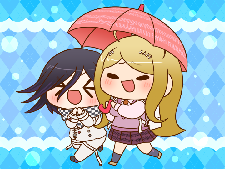 &gt;_&lt; 1boy 1girl ahoge akamatsu_kaede argyle_background arm_belt backpack bag belt belt_buckle black_eyes black_footwear black_scarf black_socks blonde_hair blue_background breasts brown_footwear bubble buckle buttons chibi collared_shirt colored_tips commentary_request danganronpa_(series) danganronpa_v3:_killing_harmony double-breasted fortissimo furrowed_brow hair_between_eyes hair_ornament height_difference holding holding_umbrella jacket kneehighs large_breasts light_blush long_hair long_sleeves miniskirt multicolored_buttons multicolored_hair multiple_belts musical_note musical_note_hair_ornament musical_note_print necktie oma_kokichi open_belt open_mouth orange_necktie own_hands_together pale_skin pants pink_umbrella pink_vest pleated_skirt purple_hair purple_skirt scarf shared_umbrella shirt shoes short_hair skirt smile socks solid_oval_eyes thigh_belt thigh_strap two-tone_scarf umbrella unmoving_pattern v-neck v-shaped_eyebrows very_long_hair vest white_bag white_belt white_jacket white_pants white_scarf white_shirt wrist_belt yumaru_(marumarumaru)