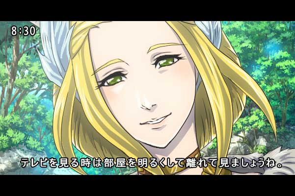 10s 1girl blonde_hair female_focus final_fantasy final_fantasy_xiv green_eyes hair_ornament kan-e-senna looking_at_viewer outdoors padjal portrait smile solo subtitled torki translation_request