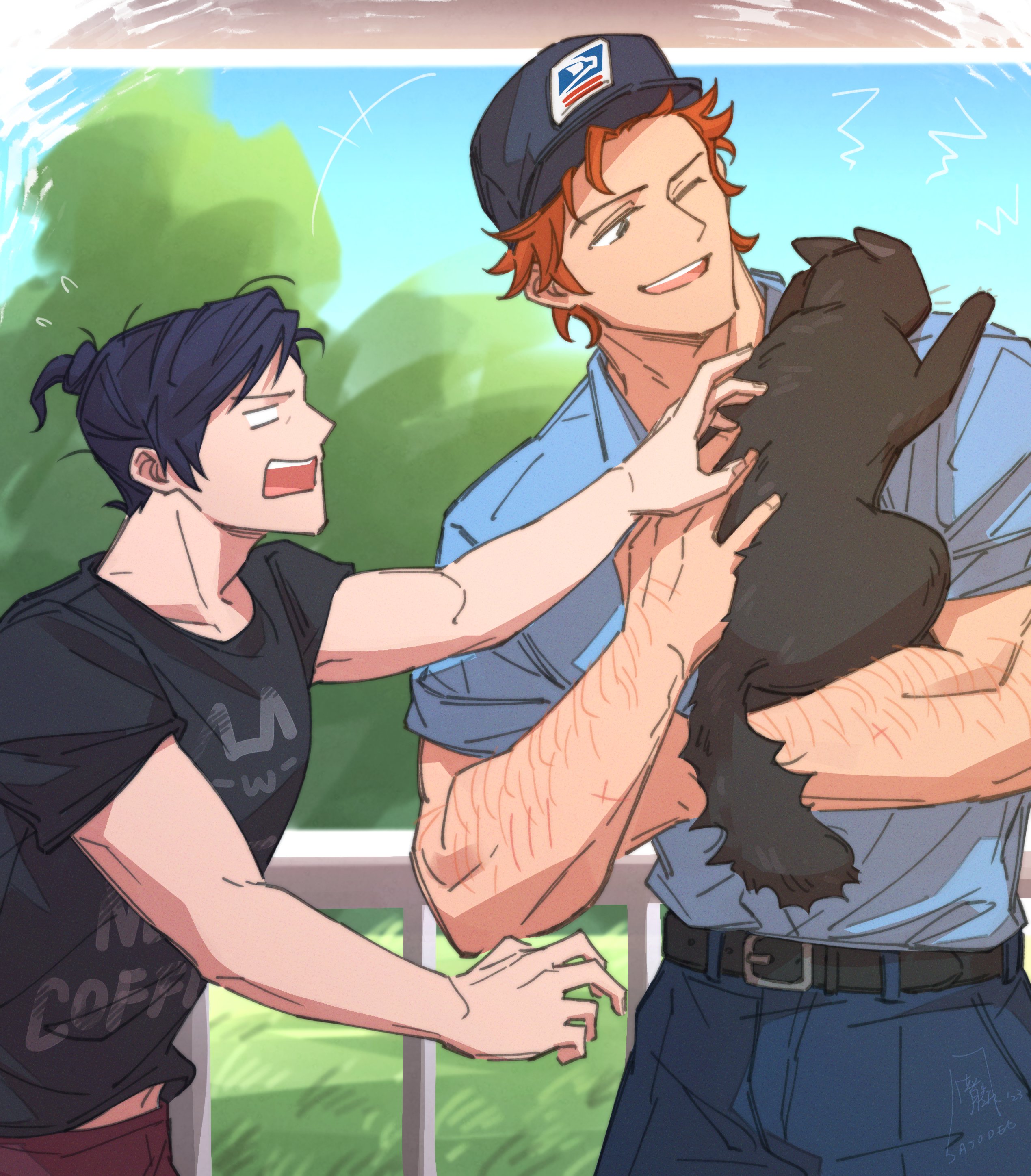 +++ 2boys absurdres alternate_universe animal arm_hair baseball_cap belt belt_buckle black_belt black_cat black_shirt blue_hair blue_shirt buckle cat collared_shirt commentary dark_blue_hair dated ears_back english_commentary fanfiction_available felix_hugo_fraldarius fire_emblem fire_emblem:_three_houses hat highres holding holding_animal holding_cat looking_at_animal mailman male_focus midriff_peek multiple_boys nintendo no_pupils one_eye_closed open_mouth orange_hair outstretched_arm pants ponytail print_shirt railing reaching red_pants satodee scared shirt shirt_tucked_in short_ponytail short_sleeves shouting signature sky smile sylvain_jose_gautier t-shirt teeth tongue tree twitter_username upper_teeth_only white_eyes