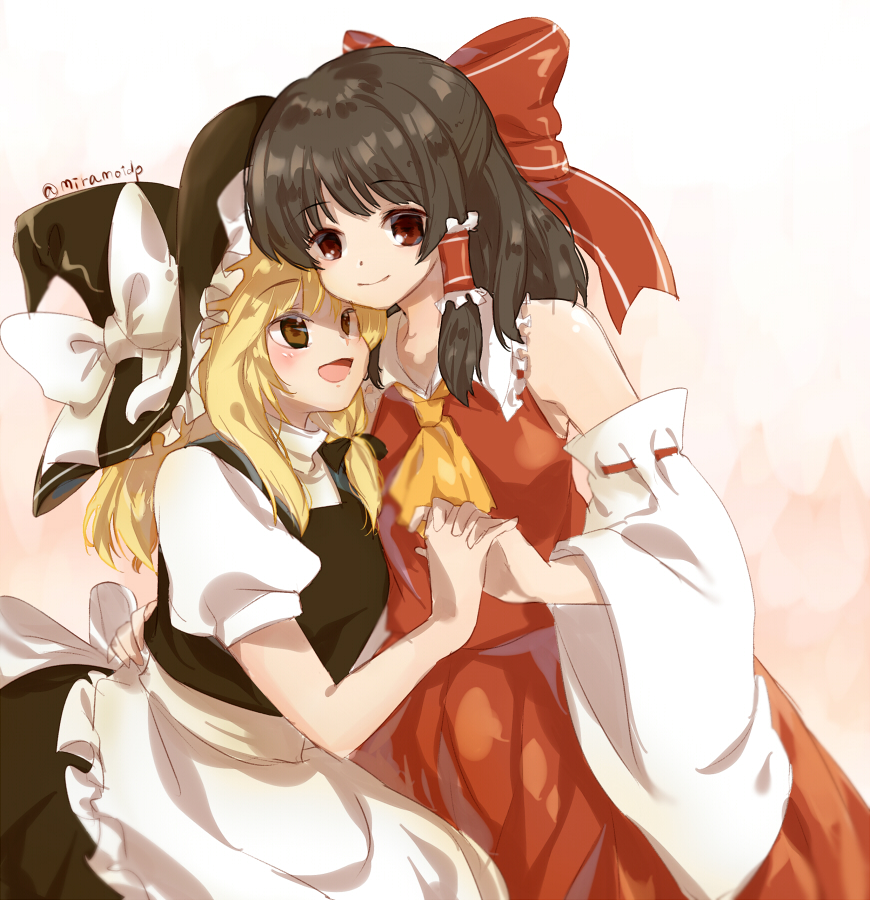 2girls :d apron ascot bare_shoulders black_hair blonde_hair blush bow breasts brown_eyes cheek-to-cheek commentary detached_sleeves hair_bow hair_ribbon hair_tubes hakurei_reimu hand_on_another&#039;s_back hat hat_bow hat_ribbon heads_together height_difference holding_hands hug interlocked_fingers kirisame_marisa large_bow long_hair long_skirt looking_at_viewer medium_breasts multiple_girls open_mouth puffy_short_sleeves puffy_sleeves red_eyes ribbon short_sleeves skirt skirt_set smile tachiuo_(arines) touhou tress_ribbon twitter_username vest waist_apron witch_hat yuri