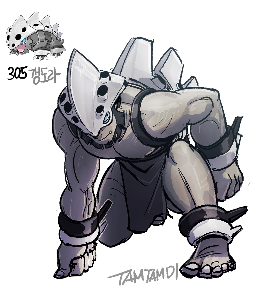 1boy beard blue_eyes closed_mouth commentary facial_hair fang full_body gen_3_pokemon helmet lairon loincloth looking_at_viewer male_focus muscular muscular_male nintendo on_one_knee pectorals personification pokemon pokemon_(creature) reference_inset simple_background tamtamdi toenails topless_male translated white_background