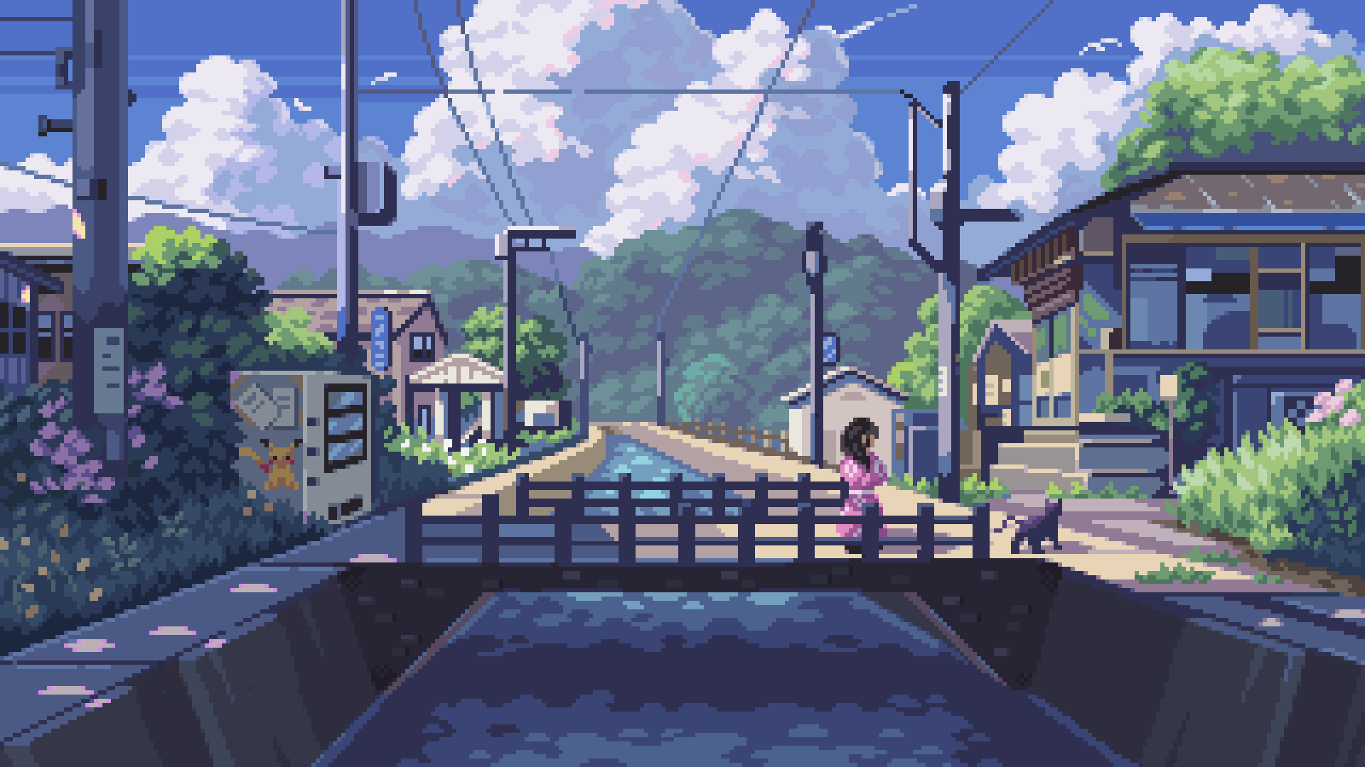 1girl animal blue_sky bridge bush cat cloud day fence flower gen_1_pokemon grass highres hill house japanese_clothes kimono nintendo original outdoors pikachu pink_flower pink_kimono pixel_art plant pokemon power_lines river scenery scilex sky solo town tree utility_pole