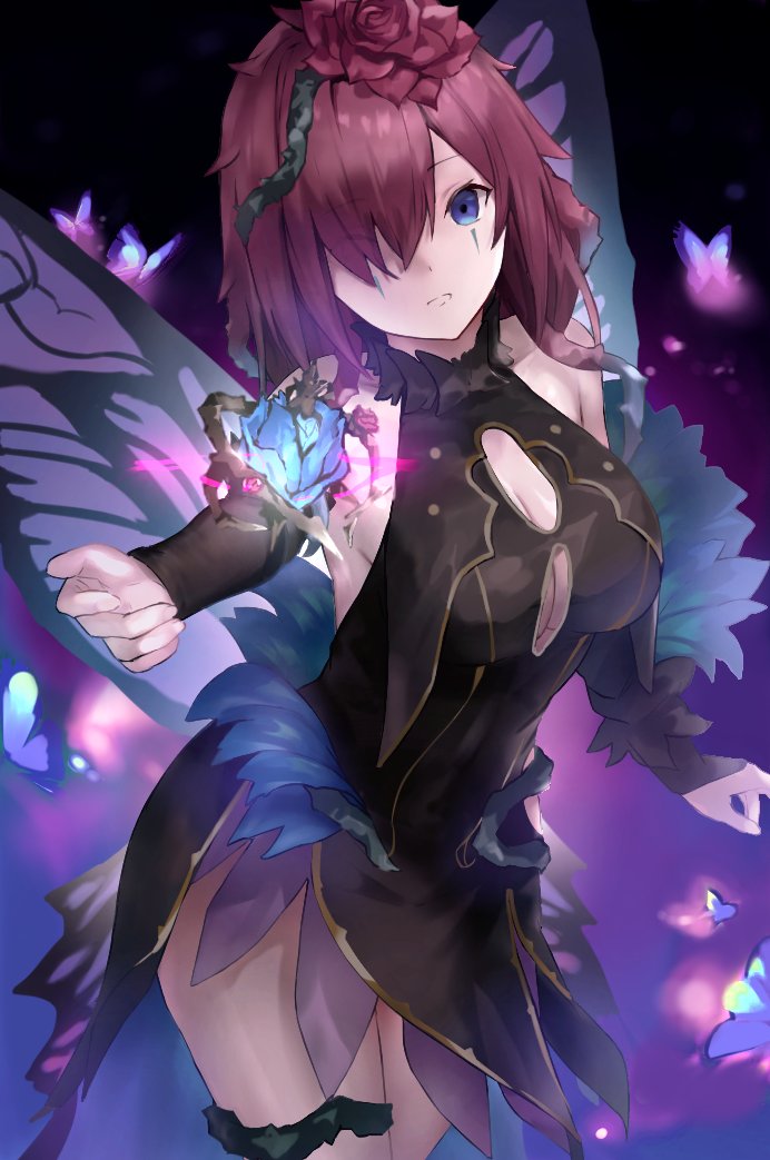 1girl bare_shoulders bii_bii_(bronzeii002) blue_eyes breasts butterfly_wings closed_mouth commission facial_mark fairy fairy_wings fire_emblem fire_emblem_heroes gradient_clothes gradient_flower hair_vines insect_wings medium_breasts nintendo plant plant_hair purple_hair skeb_commission thigh_strap thorns triandra_(fire_emblem) vines wings