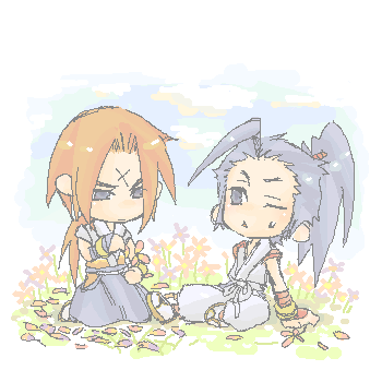 2boys ahoge artist_request bandages blue_eyes blue_hair brave_fencer_musashiden friends huge_weapon katana kneeling kojiro leaf long_hair lowres male_focus miyamoto_musashi multiple_boys oekaki ponytail red_hair sandals sasaki_kojirou scar socks spiked_hair sword weapon wince
