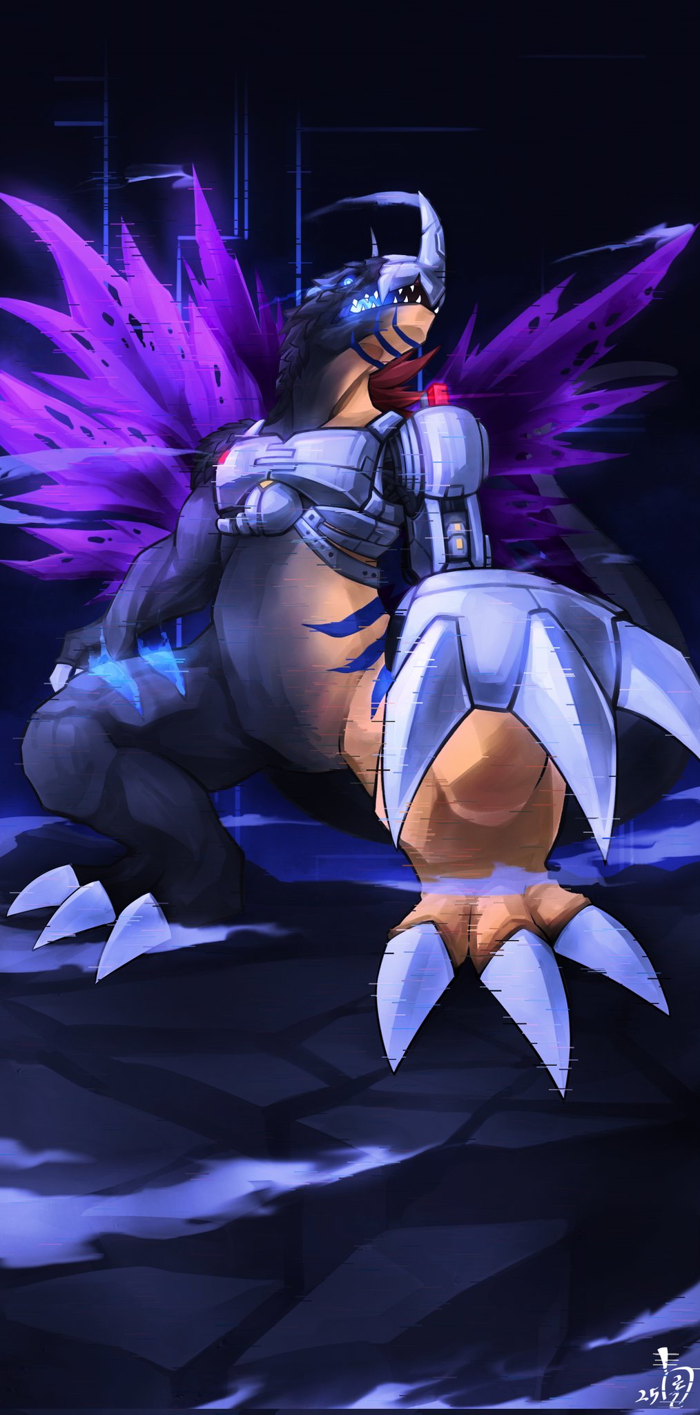 black_background black_scales blue_eyes claw_(weapon) cyborg digimon digimon_(creature) gamr1p godzilla_(series) highres mechanical_arms metalgreymon metalgreymon_g_erosion_mode orange_scales purple_wings simple_background single_mechanical_arm standing torn_wings weapon wings