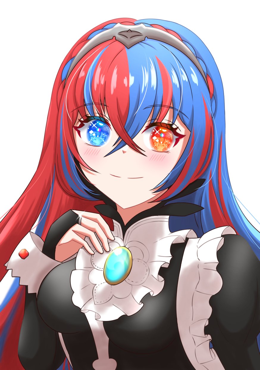 1girl apron bib_collar black_bridal_gauntlets black_dress blue_eyes blue_hair blush braid breasts bridal_gauntlets cosplay crossed_bangs crown_braid dress ell_0314 felicia_(fire_emblem) felicia_(fire_emblem)_(cosplay) female_alear_(fire_emblem) fire_emblem fire_emblem_engage gem hair_between_eyes hand_on_own_chest heterochromia highres juliet_sleeves long_hair long_sleeves looking_at_viewer maid maid_apron medium_breasts multicolored_hair nintendo nohrian_maid_uniform portrait puffy_sleeves red_eyes red_hair smile solo split-color_hair tiara two-tone_hair very_long_hair white_background
