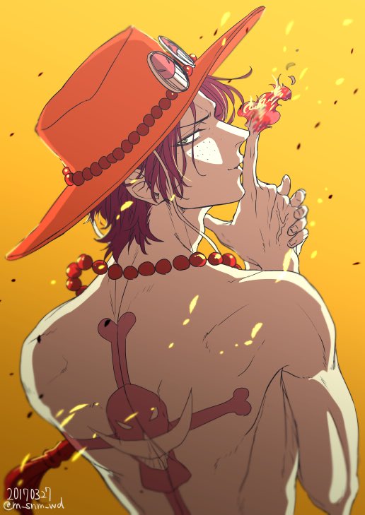 1boy back black_hair dated embers fire freckles hat jewelry jolly_roger looking_back male_focus nakumonaga_uma necklace one_piece orange_hat pearl_necklace portgas_d._ace short_hair solo topless_male twitter_username upper_body whitebeard_pirates_jolly_roger
