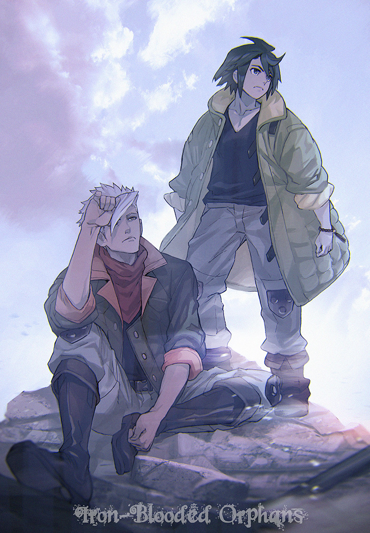 2boys black_footwear black_hair black_shirt blue_eyes boots bracelet brown_eyes cloud collarbone copyright_name frown green_jacket grey_hair gundam gundam_tekketsu_no_orphans hair_behind_ear jacket jewelry looking_up maeshima_shigeki male_focus mikazuki_augus multiple_boys orange_scarf orga_itsuka scarf shirt sky standing