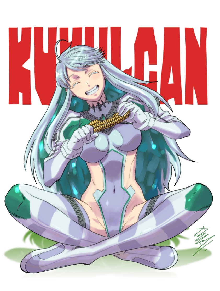 1girl blue_hair boots breasts character_name closed_eyes colored_inner_hair commentary commentary_request corn covered_navel cropped_jacket eating fate/grand_order fate_(series) full_body gloves green_hair grin hiroe_rei indian_style jacket juliet_sleeves kukulkan_(fate) kukulkan_(second_ascension)_(fate) large_breasts leotard long_hair long_sleeves multicolored_hair puffy_sleeves shrug_(clothing) sideless_outfit sidelocks sitting smile solo thigh_boots white_boots white_gloves white_hair white_jacket white_leotard