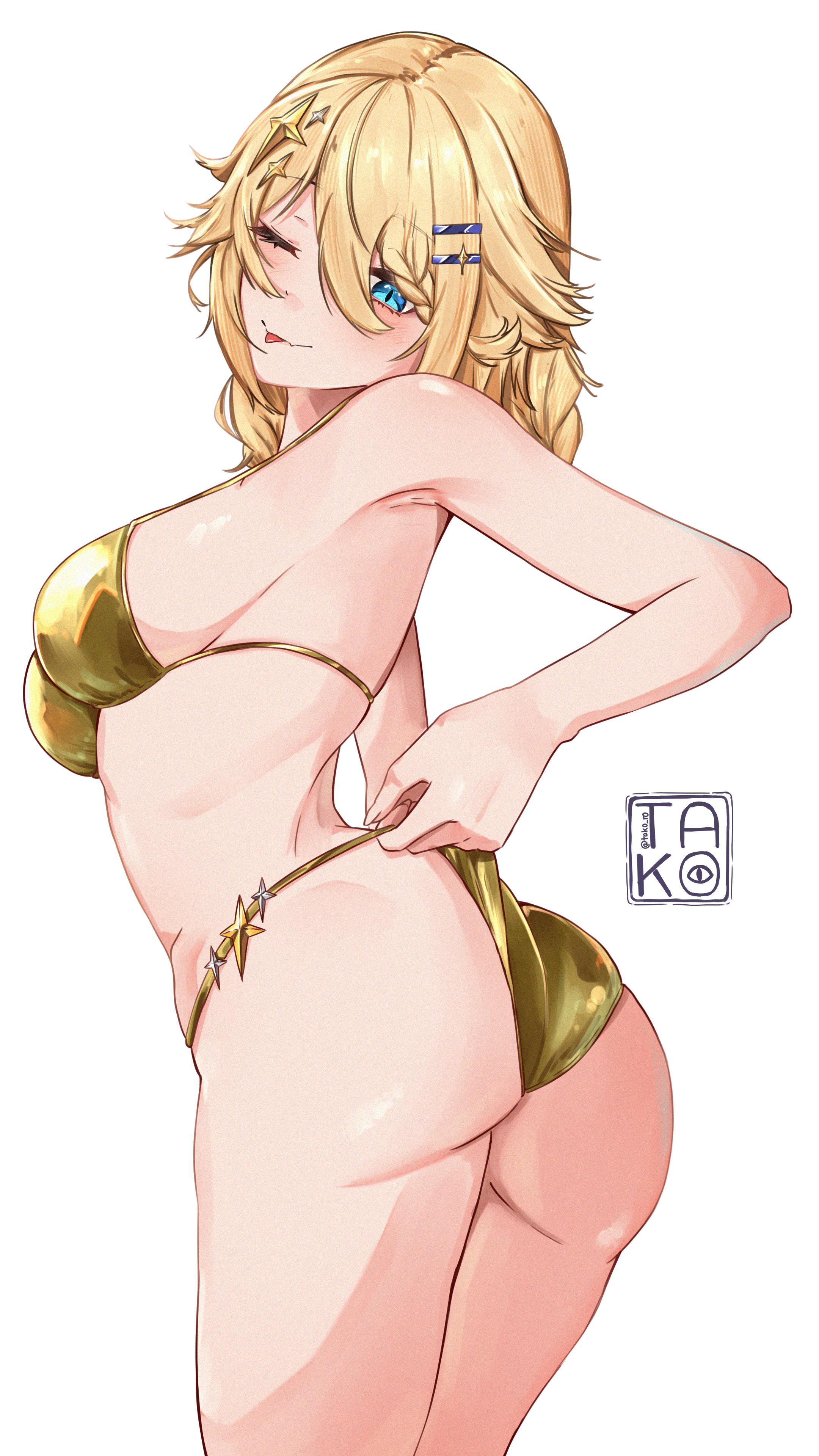 1girl ;p absurdres adjusting_clothes adjusting_swimsuit ass bikini blonde_hair blue_eyes breasts cowboy_shot gold_bikini hair_ornament hairclip highres kaneko_lumi looking_back medium_breasts one_eye_closed phase_connect simple_background solo swimsuit takoroki tongue tongue_out virtual_youtuber white_background