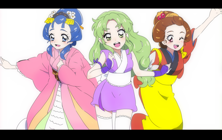 3girls aqua_eyes aqua_hair armband bad_id bad_pixiv_id blush breasts brown_eyes brown_hair flower ganbare_goemon gauntlets green_eyes green_hair hair_ornament hand_on_own_chest japanese_clothes kimono kojima letterboxed long_hair looking_at_viewer low-tied_long_hair multiple_girls ninja obi omitsu_(ganbare_goemon) one_eye_closed open_mouth princess princess_yuki ribbon sash short_hair short_kimono sleeves_rolled_up smile thighhighs very_long_hair white_background yae_(ganbare_goemon)